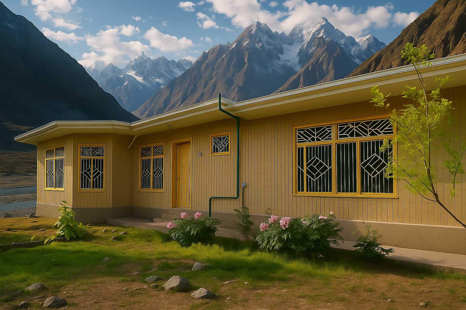 Exterior of hotel The Indus Escape hotel exterior in Skardu with mountain view